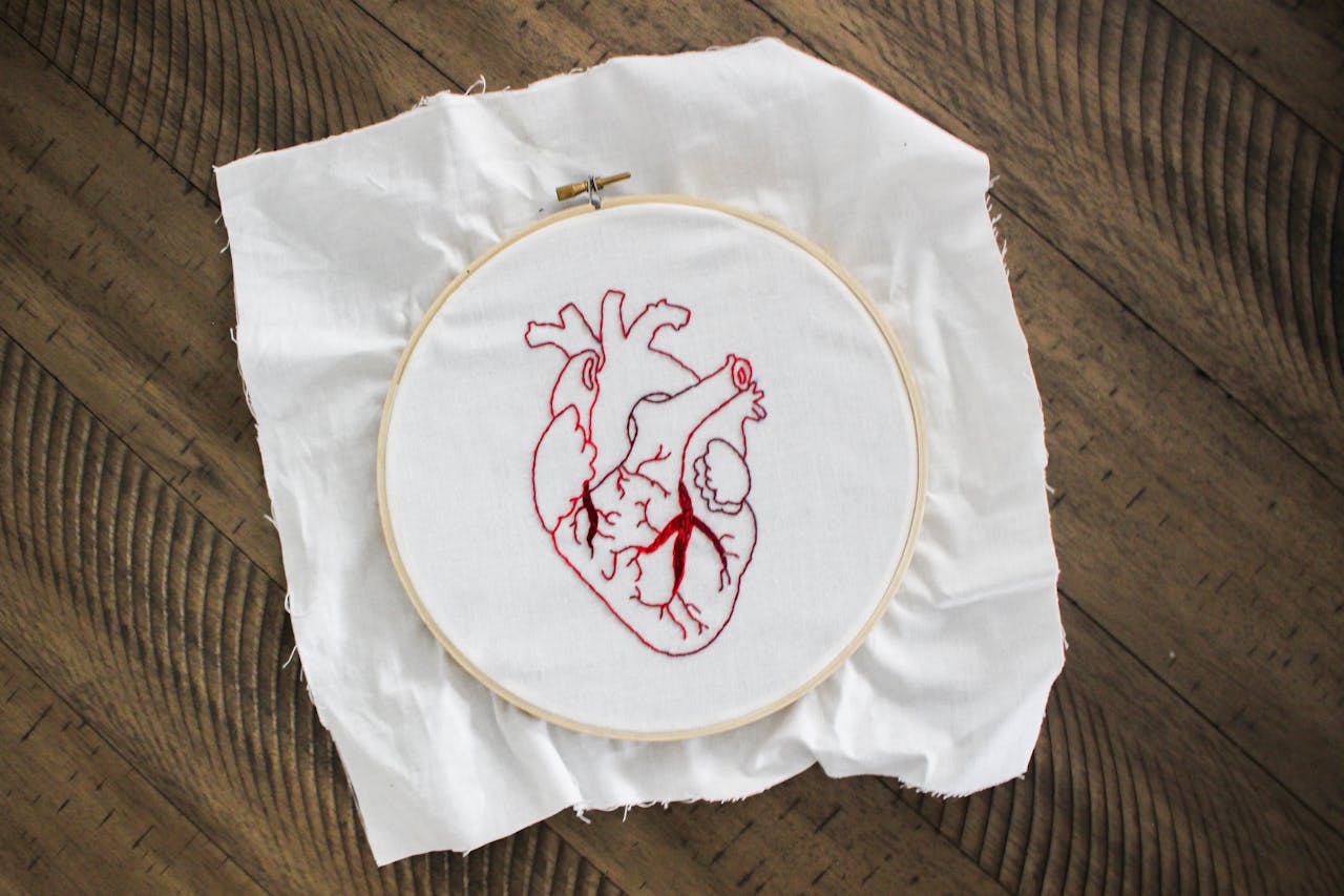 Close-up of embroidered anatomical heart on canvas, symbolizing creativity and craft.