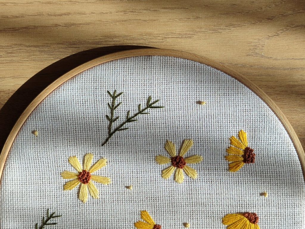 Crafting Captivating Headlines: Your awesome post title goes here Beautiful embroidery of yellow flowers on canvas, framed in a wooden hoop with natural light.