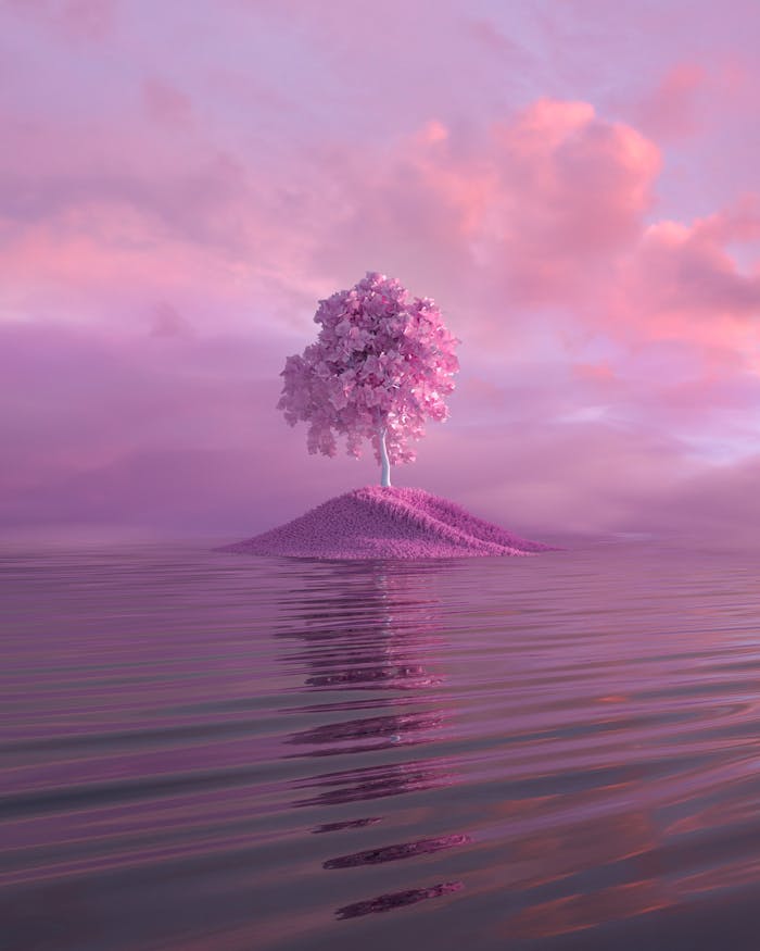 Home A surreal pink tree on an isolated island reflecting in calm waters under a vibrant sunset sky.